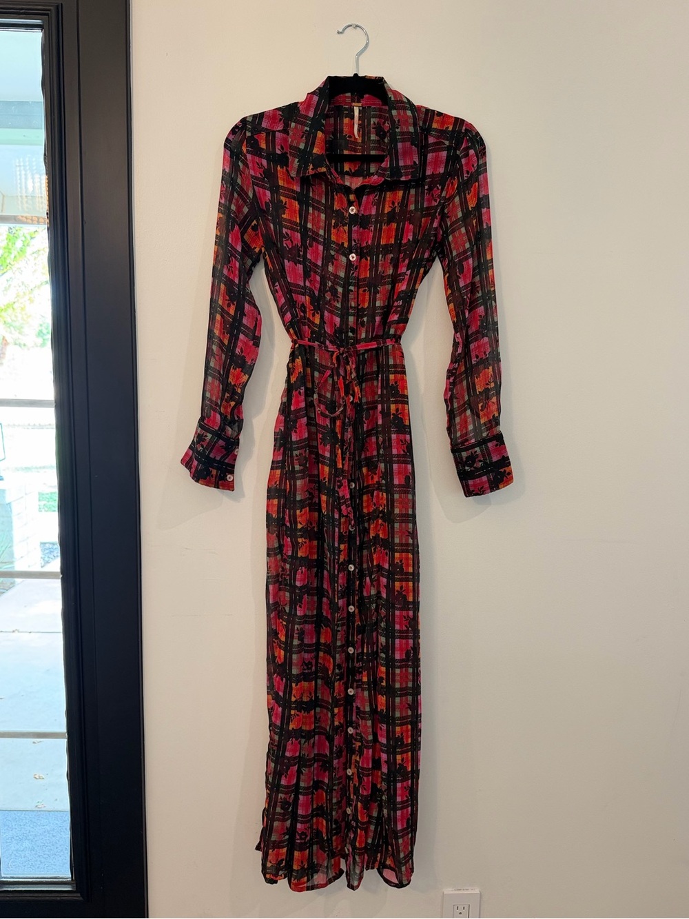 Free People Pink & Black Plaid Floral Maxi Shirt Dress
